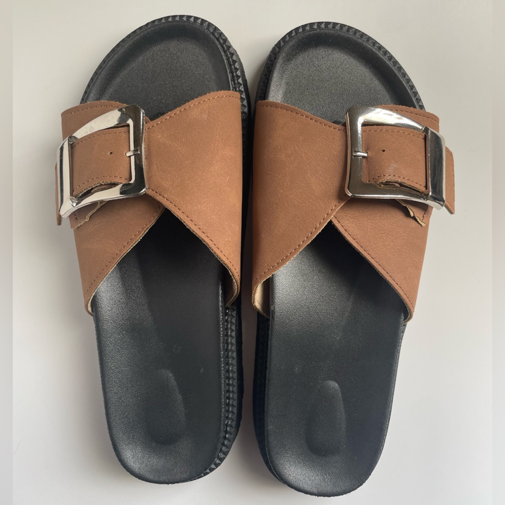 Meijia Brown Slide Sandals with Silver Buckle size 38
